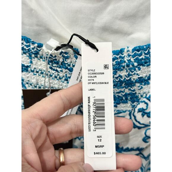 NWT Alice & Olivia Khira Embroidered Voile Mini Dress White/Blue Women's Size 12 - Picture 5 of 7